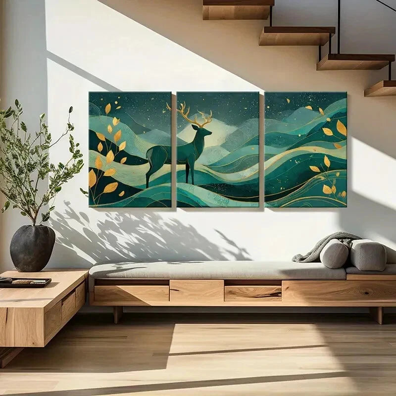 3pcs Abstract Deer Art Mountain Landscape Metal Print Ready to Hang Art - Bella Home Decor