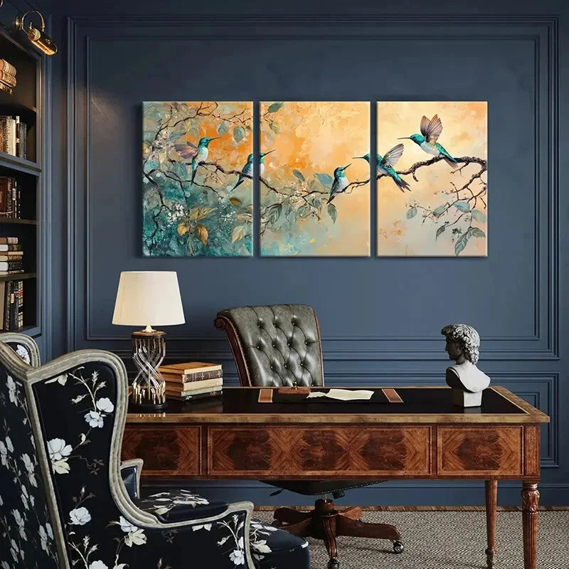 3pcs Hummingbird Floral Abstract Art Vintage Metal Print Ready to Hang Art - Bella Home Decor