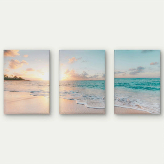 3pcs Serene Beach Sunset Horizon Wall Art Set Canvas Framed 60x90cm - High Quality Print 100% Australian Made Wall Canvas Ready to Hang