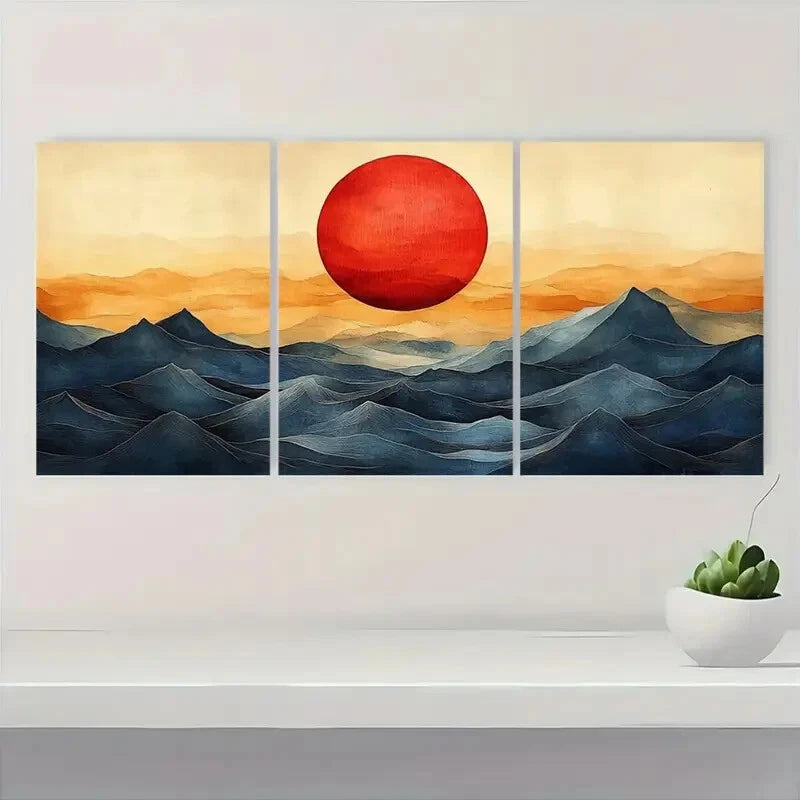3pcs Abstract Sun and Waves Bauhaus Style Metal Print Ready to Hang Art - Bella Home Decor
