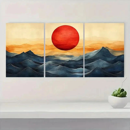 3pcs Abstract Sun and Waves Bauhaus Style Metal Print Ready to Hang Art - Bella Home Decor