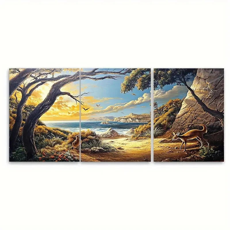 3pcs Vibrant Australian Landscape with Kangaroo Wall Art Set Canvas Framed 40x60cm - High Quality Print 100% Australian Made Wall Canvas Ready to Hang