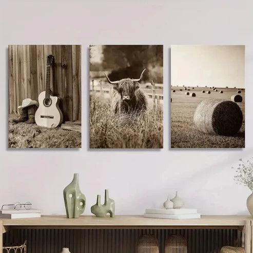 3pcs Vintage Highland Cow & Guitar Wall Art Set Canvas Unframed - High Quality Print 100% Australian Made Wall Canvas