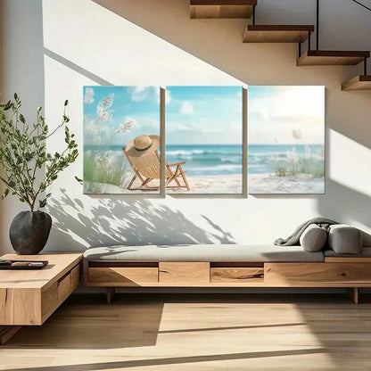 3pcs Beach Straw Hat Ocean View Serenity Metal Print Ready to Hang Art - Bella Home Decor