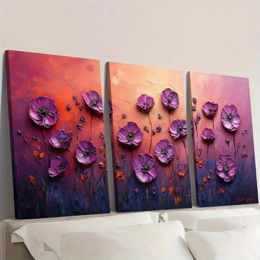 3pcs Pink Floral Abstract Meadow AW Wall Art Set Canvas FrMamed 40x60cm - High Quality Print 100% Australian Made Wall Canvas Ready to Hang