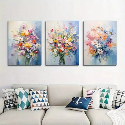 3pcs Abstract Daisy Poppy Artwork Prints Metal Print Ready to Hang Art - Bella Home Decor