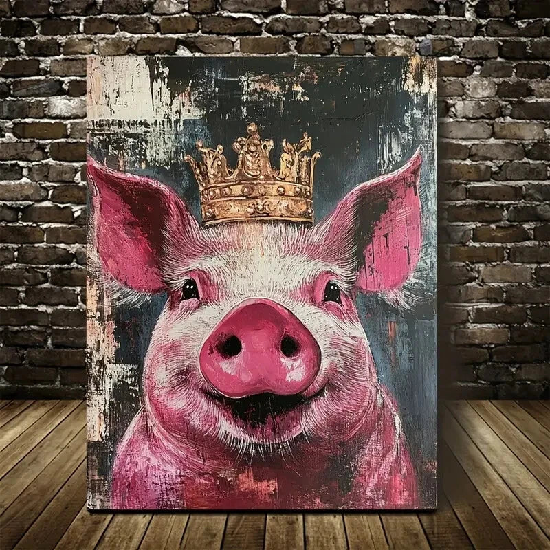 Vibrant Pink & Golden Accents Crown Pig Painting 40x60cm Metal Print Ready to Hang - Bella Home Decor