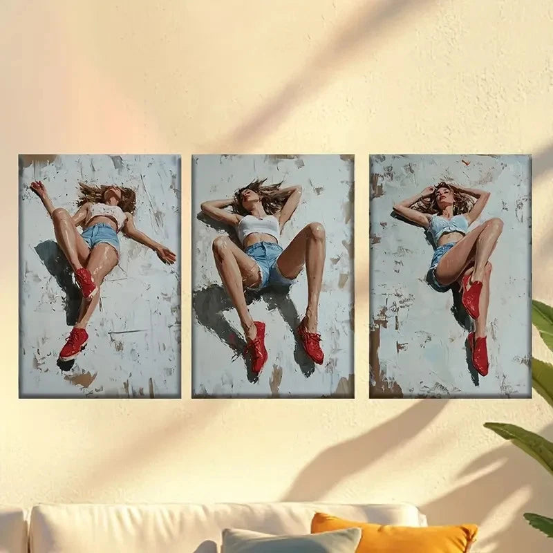 3pcs Vintage Wall Posters of Woman in Denim Wall Art Set Canvas Framed 50x70cm - High Quality Print 100% Australian Made Wall Canvas Ready to Hang