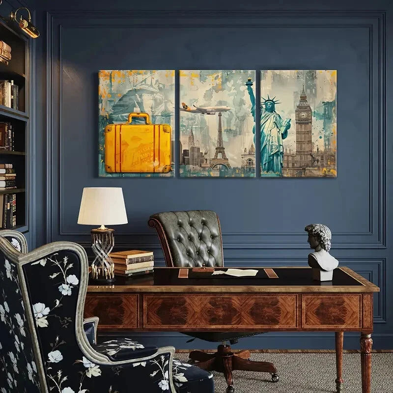 3pcs Statue Of Liberty Eiffel Tower Airplane Metal Print Ready to Hang Art - Bella Home Decor