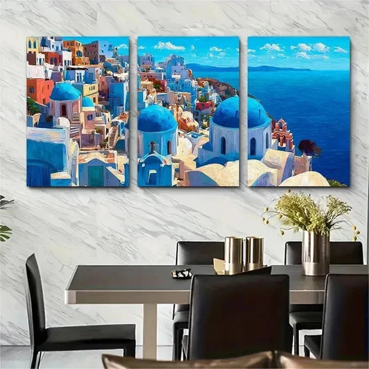 3pcs Aegean Sea Santorini Greece Blue Perfect Wall Art Set Canvas Framed 50x70cm - High Quality Print 100% Australian Made Wall Canvas Ready to Hang