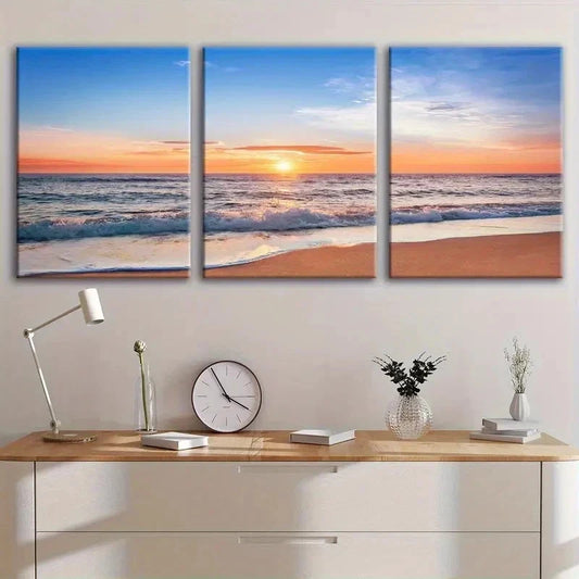 3pcs Beach Sunset Sunrise And Wave Wall Art Set Canvas Framed 60x90cm - High Quality Print 100% Australian Made Wall Canvas Ready to Hang