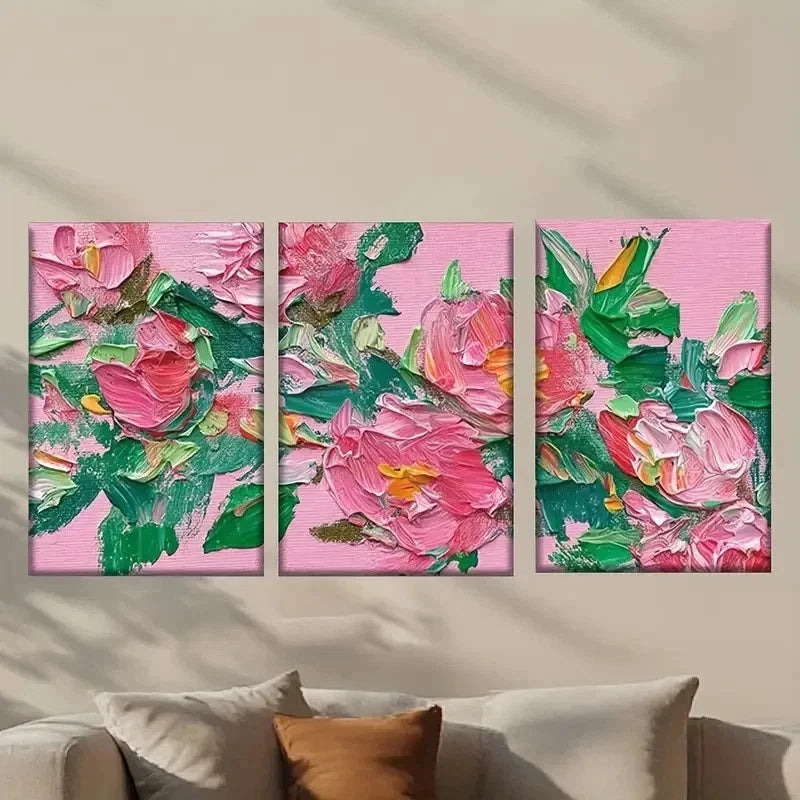 3pcs Vibrant Pink Flowers and Green Leaves Wall Art Set Canvas Framed 50x70cm - High Quality Print 100% Australian Made Wall Canvas Ready to Hang
