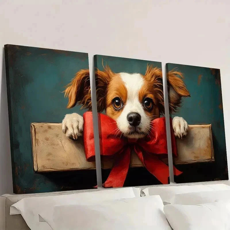 3pcs The Big Red Bow Fine Art Print Dog QR   Wall Art Set Canvas Framed 50x70cm - High Quality Print 100% Australian Made Wall Canvas Ready to Hang