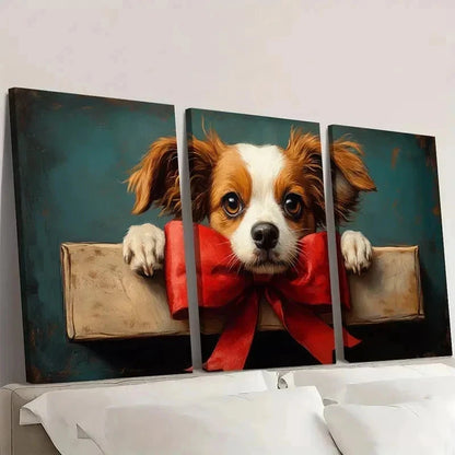 3pcs The Big Red Bow Fine Art Print Dog QR   Wall Art Set Canvas Framed 50x70cm - High Quality Print 100% Australian Made Wall Canvas Ready to Hang