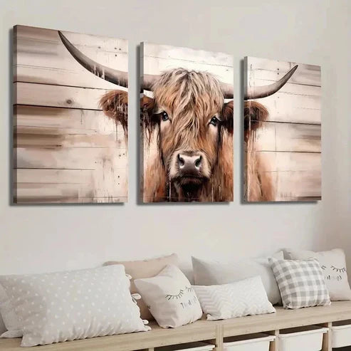 3pcs Highland Cow Modern Farmhouse Decor Wall Art Set Canvas Unframed - High Quality Print 100% Australian Made Wall Canvas