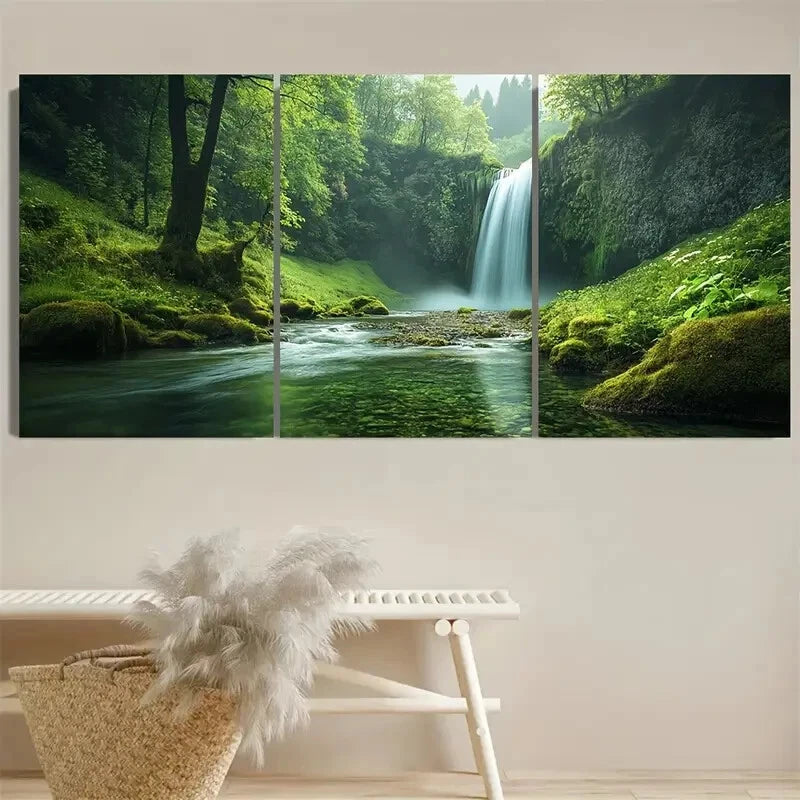3pcs Dreamy Waterfall in Fantastical Forest Metal Print Ready to Hang Art - Bella Home Decor