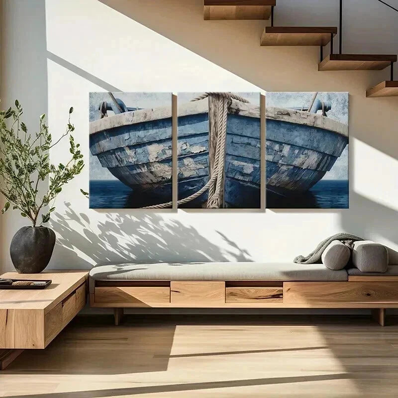 3pcs Blue Wooden Boat & Rope Design Wall Art Set Canvas Framed 50x70cm - High Quality Print 100% Australian Made Wall Canvas Ready to Hang - Bella Home Decor