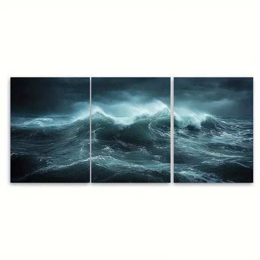 3pcs Dark Stormy Seascape Rainy Waves Metal Print Ready to Hang Art