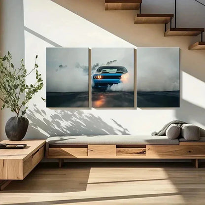 3pcs Dodge Blue Super Car Through Smoke Wall Art Canvas Unframed - High Quality Print 100% Australian Made Wall Canvas - Bella Home Decor