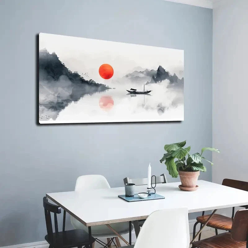 Chinese Landscape Lake Wall Art Canvas Office Home Room Framed 120x60cm