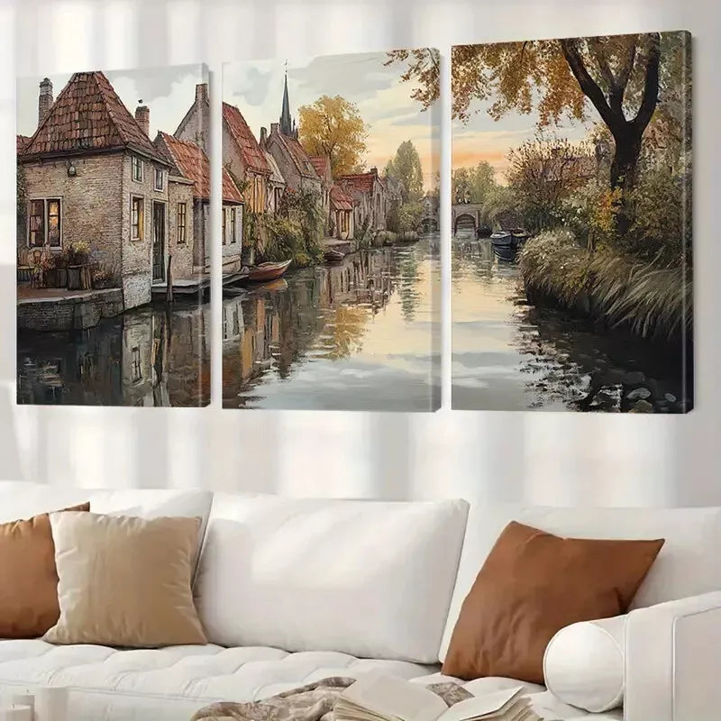 3pcsAesthetic Peaceful Village In Autumn Art Set Canvas Framed 50x70cm - High Quality Print 100% Australian Made Wall Canvas Ready to Hang