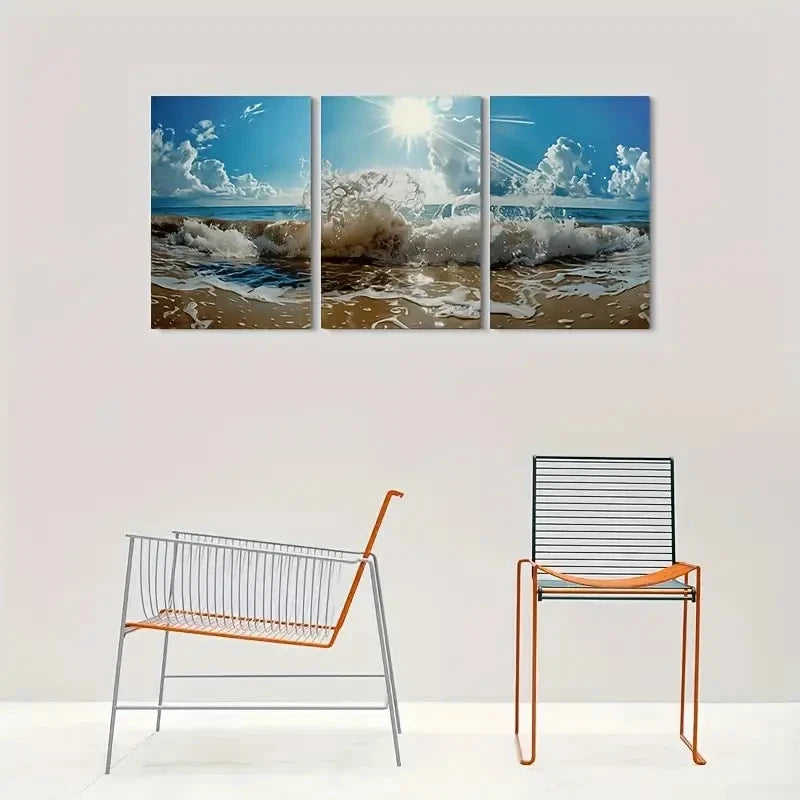 3pcs Beach Waves Ocean Sunset Metal Print Ready to Hang Art - Bella Home Decor