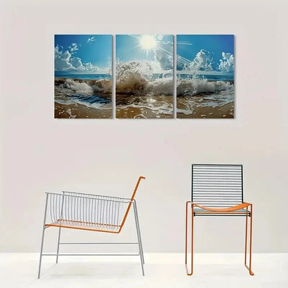 3pcs Beach Waves Ocean Sunset Metal Print Ready to Hang Art - Bella Home Decor