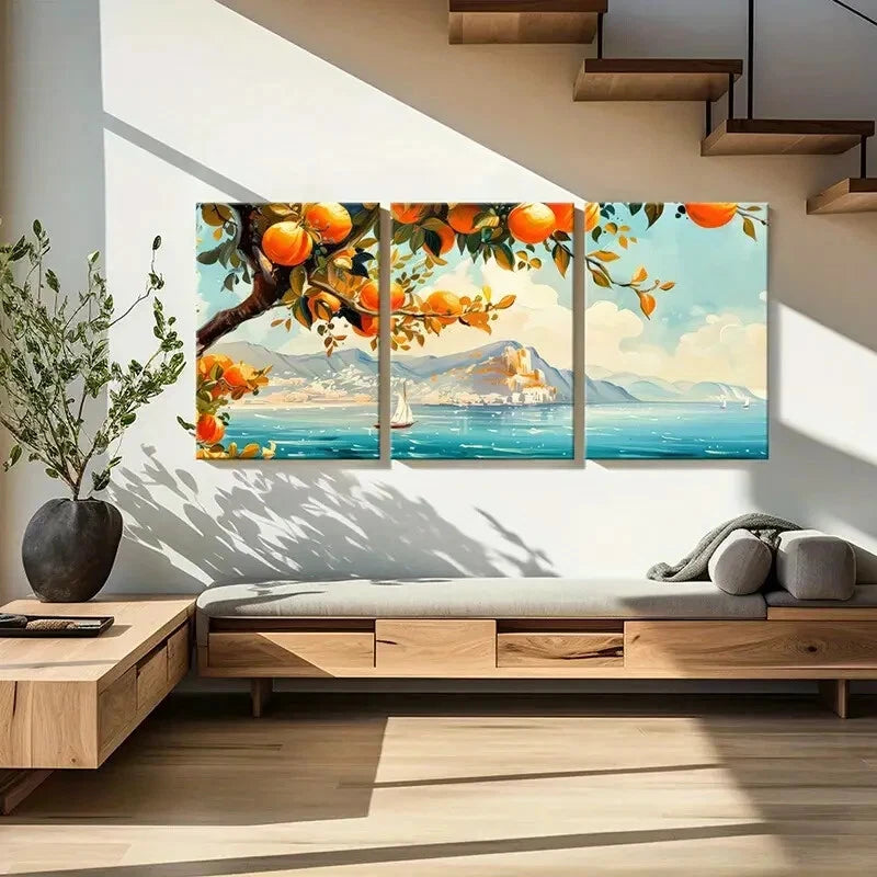 3pcs Orange Tree Sailboat Castle Mountain View Metal Print Ready to Hang Art - Bella Home Decor