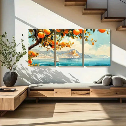 3pcs Orange Tree Sailboat Castle Mountain View Metal Print Ready to Hang Art - Bella Home Decor
