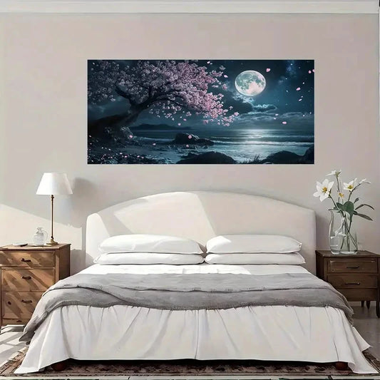 Cherry Blossom Moonlit Beach Wall Art Canvas Office Home Room Framed 120x60cm