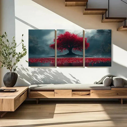 3pcs Fantasy Natural Landscape Art Red Tree Wall Art Set Canvas Framed 50x70cm - High Quality Print 100% Australian Made Wall Canvas Ready to Hang