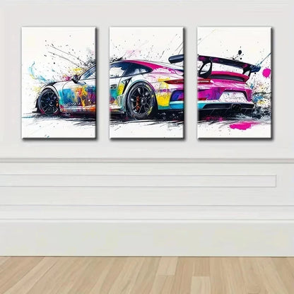 3pcs Stunning Vibrant Car Design Metal Print Ready to Hang Art