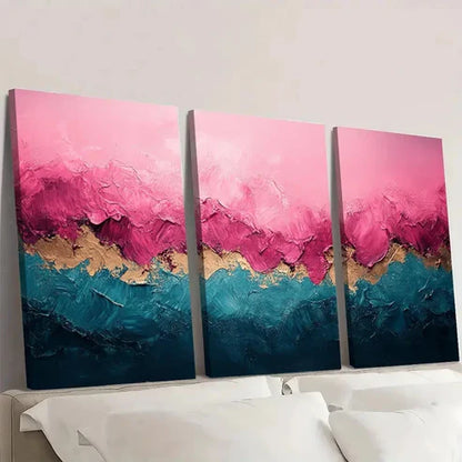 3pcs Vibrant Pink Green & Golden Beach TY Wall Art Set Canvas Unframed - High Quality Print 100% Australian Made Wall Canvas