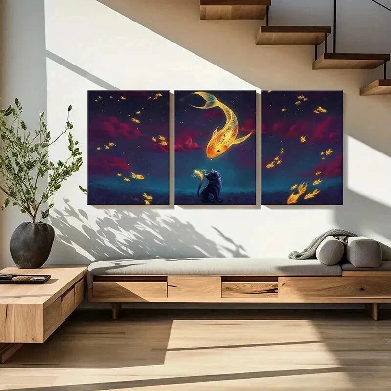 3pcs Fantasy Koi Fish And Black Cat Vintage Wall Art Set Canvas Framed 60x90cm - High Quality Print 100% Australian Made Wall Canvas Ready to Hang - Bella Home Decor