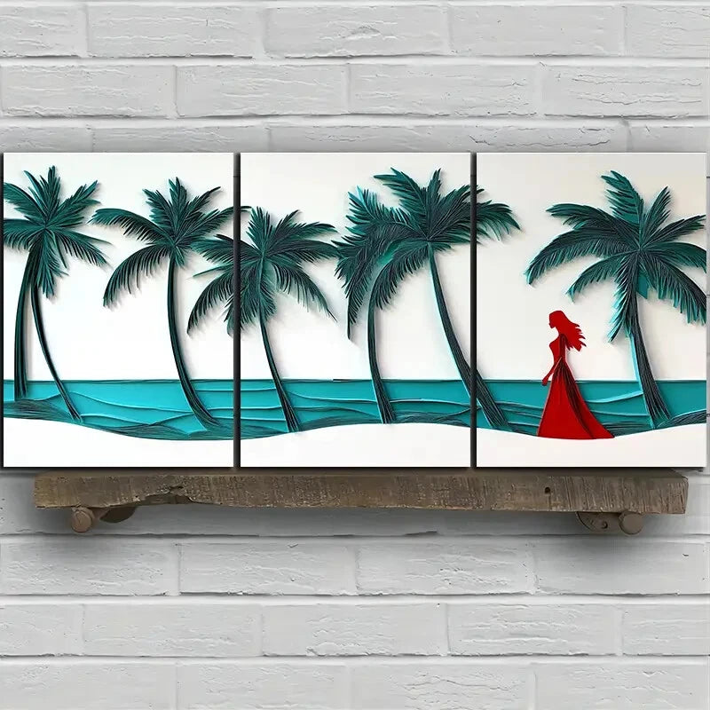 3pcs Coconut Trees And Women on The Beach Metal Print Ready to Hang Art - Bella Home Decor