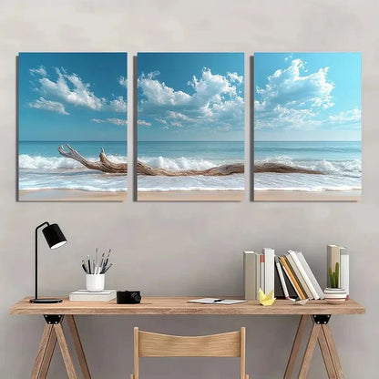 3pcs Bright Blue Sky and Ocean Waves Wall Art Set Canvas Framed 60x90cm - High Quality Print 100% Australian Made Wall Canvas Ready to Hang