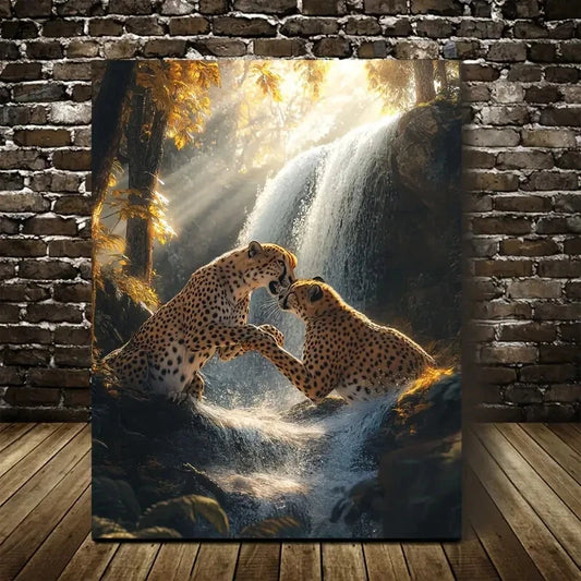 Vibrant Cyberpunk Featuring Playful Cheetahs Painting 40x60cm Metal Print Ready to Hang - Bella Home Decor