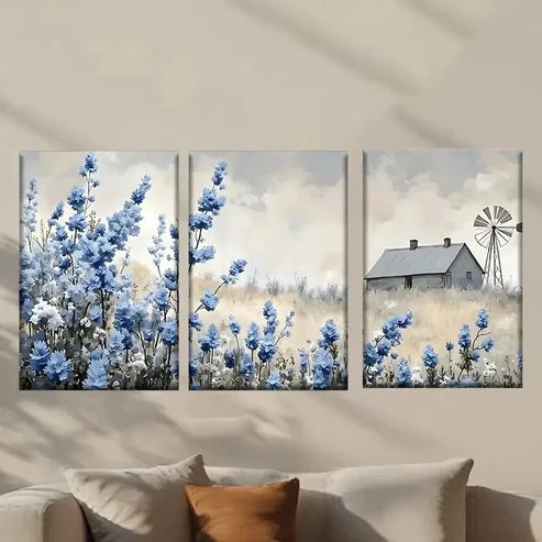 3pcs Farmhouse with Vibrant Blue Flowers Wall Art Canvas Unframed - High Quality Print 100% Australian Made Wall Canvas