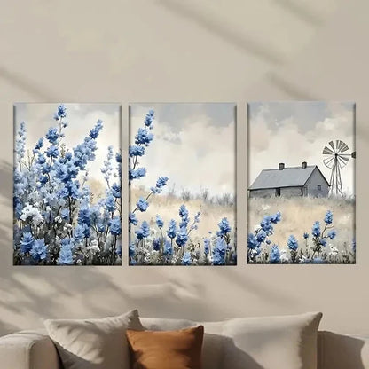 3pcs Farmhouse with Vibrant Blue Flowers Wall Art Canvas Unframed - High Quality Print 100% Australian Made Wall Canvas