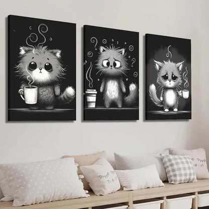 3pcs Black And White Cat Illustration Wall Art Set Canvas Unframed - High Quality Print 100% Australian Made Wall Canvas - Bella Home Decor
