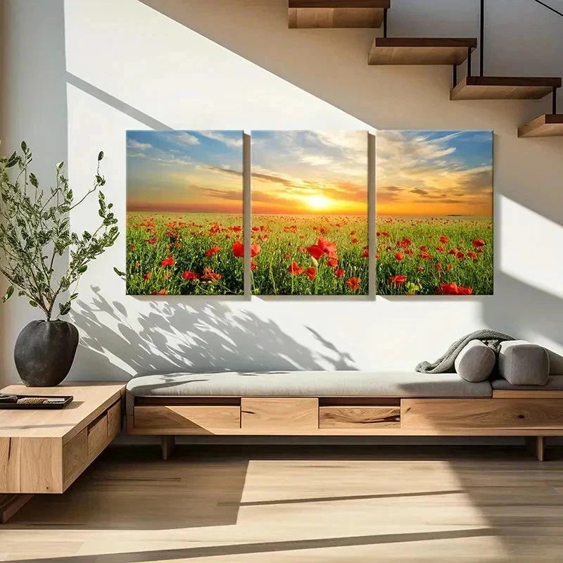 3pcs Flower Field Sunset Natural Wall Art Set Canvas Framed 60x90cm - High Quality Print 100% Australian Made Wall Canvas Ready to Hang - Bella Home Decor