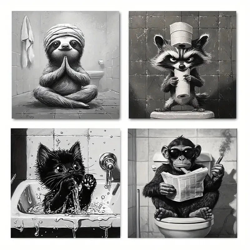 4pcs Whimsical Monkey Cat Raccoon Sloth Reading Wall Art Canvas Framed