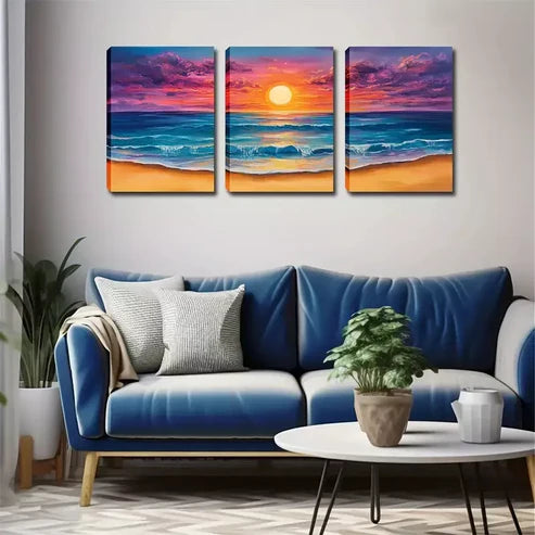 3pcs Stunning Sun On The Sea Wall Art Canvas Unframed - High Quality Print 100% Australian Made Wall Canvas