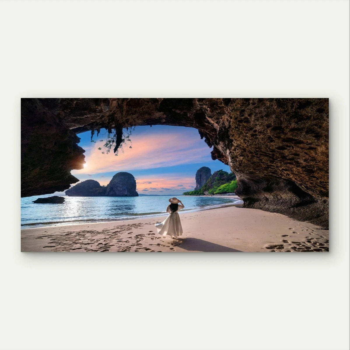 Woman in Tropical Beach and Sunset Wall Art Canvas Office Home Framed 120x60cm