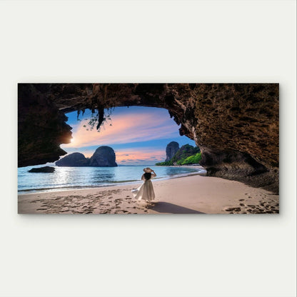 Woman in Tropical Beach and Sunset Wall Art Canvas Office Home Framed 120x60cm