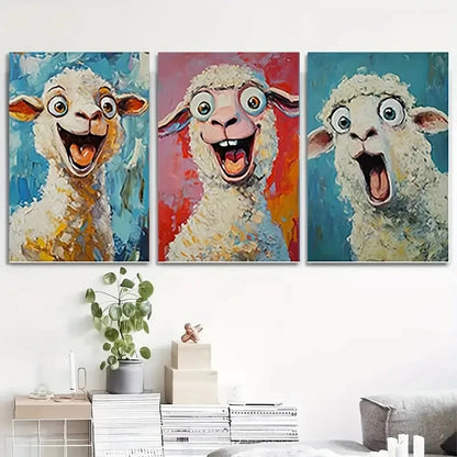 3pcs Fluffy Sheep with Surprised Look   Wall Art Set Canvas Framed 50x70cm - High Quality Print 100% Australian Made Wall Canvas Ready to Hang - Bella Home Decor