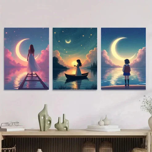 3pcs Moonlit Night Triptych Starry Sky Girl Wall Art Set Canvas Unframed - High Quality Print 100% Australian Made Wall Canvas