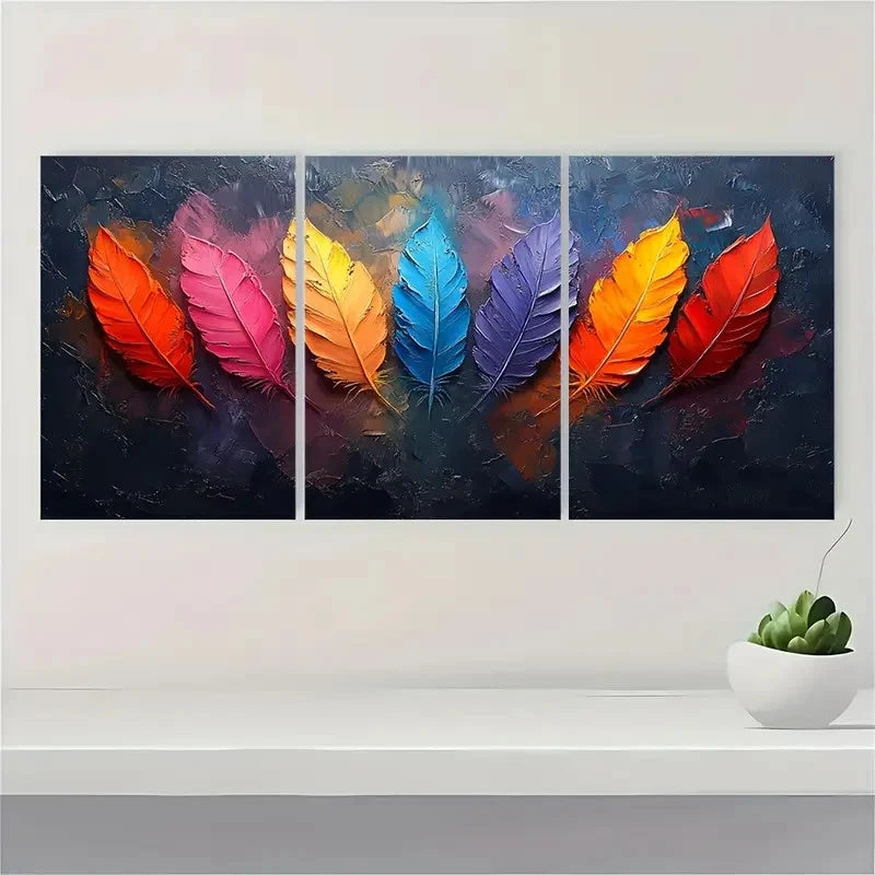 3pcs Original Colorful Feather FH Wall Art Set Canvas Framed 50x70cm - High Quality Print 100% Australian Made Wall Canvas Ready to Hang