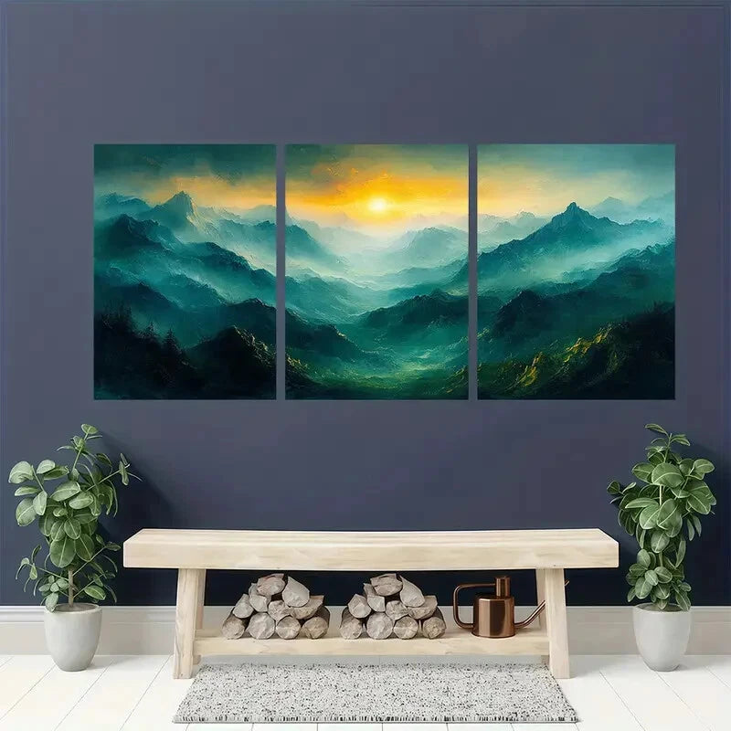 3pcs Abstract Green Mountain Oil Painting Metal Print Ready to Hang Art - Bella Home Decor