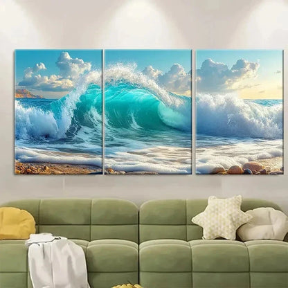 3pcs Turquoise Seascape Print Foamy Waves RU  Wall Art Set Canvas Framed 60x90cm - High Quality Print 100% Australian Made Wall Canvas Ready to Hang - Bella Home Decor